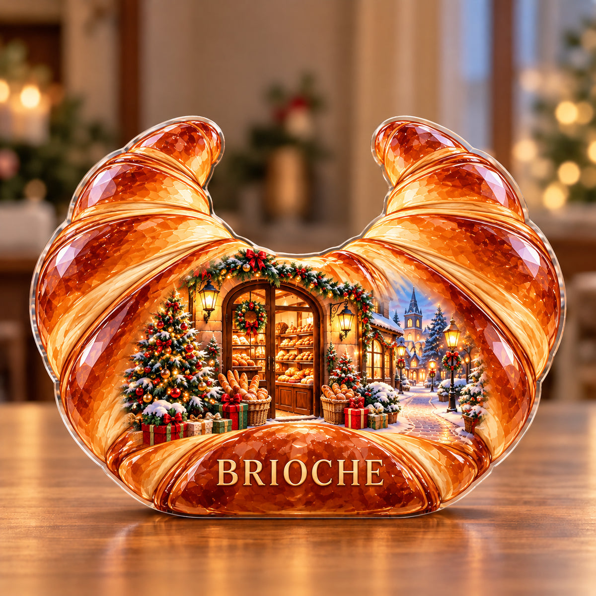 Front-view digital preview of a Christmas amber croissant acrylic plaque with example name BRIOCHE integrated into the lowest pastry body facets