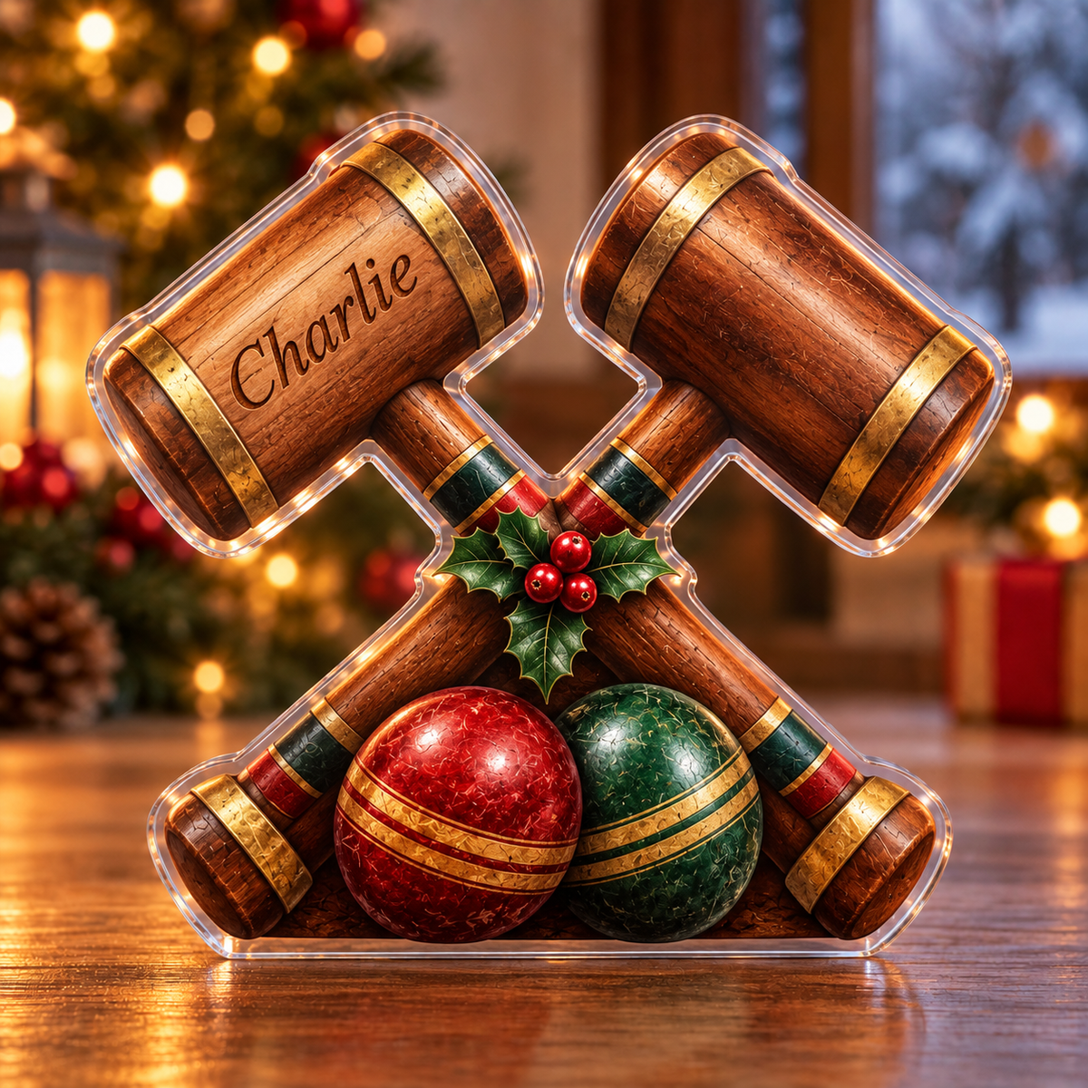 Front-view digital preview of a Christmas croquet garden game acrylic plaque with example name Charlie integrated into the illustrated mallet head wood panel