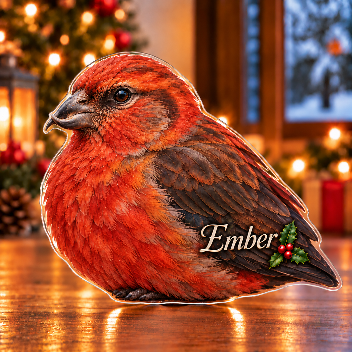 Front-view digital preview of a Christmas crossbill ember note acrylic plaque with example name Ember integrated into the lower folded wing