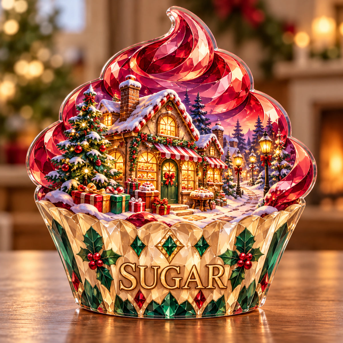 Front-view digital preview of a Christmas ruby cupcake acrylic plaque with example name SUGAR integrated into the lowest cupcake wrapper facets
