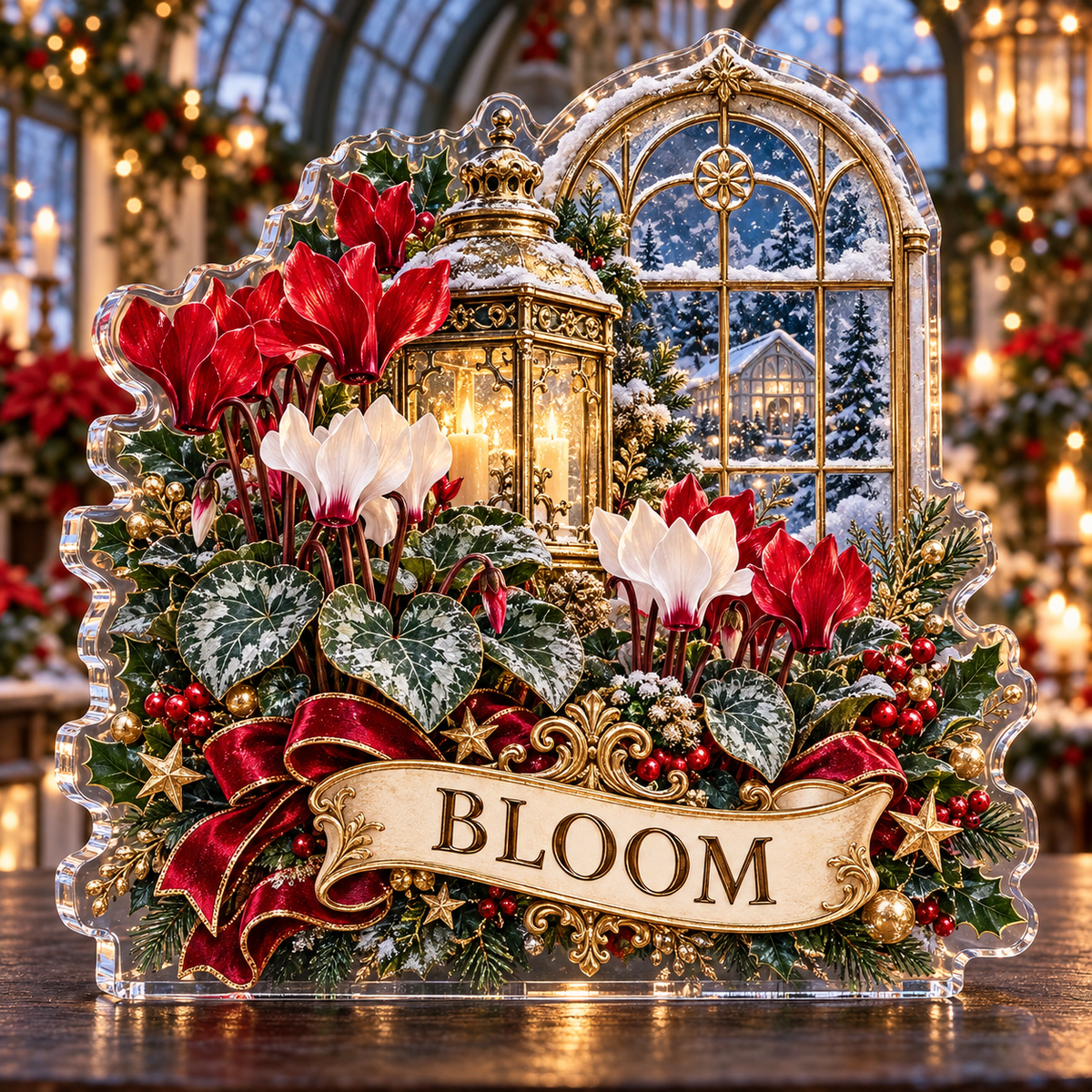 Front-view digital preview of a personalized Christmas cyclamen lantern garden acrylic plaque with example name BLOOM