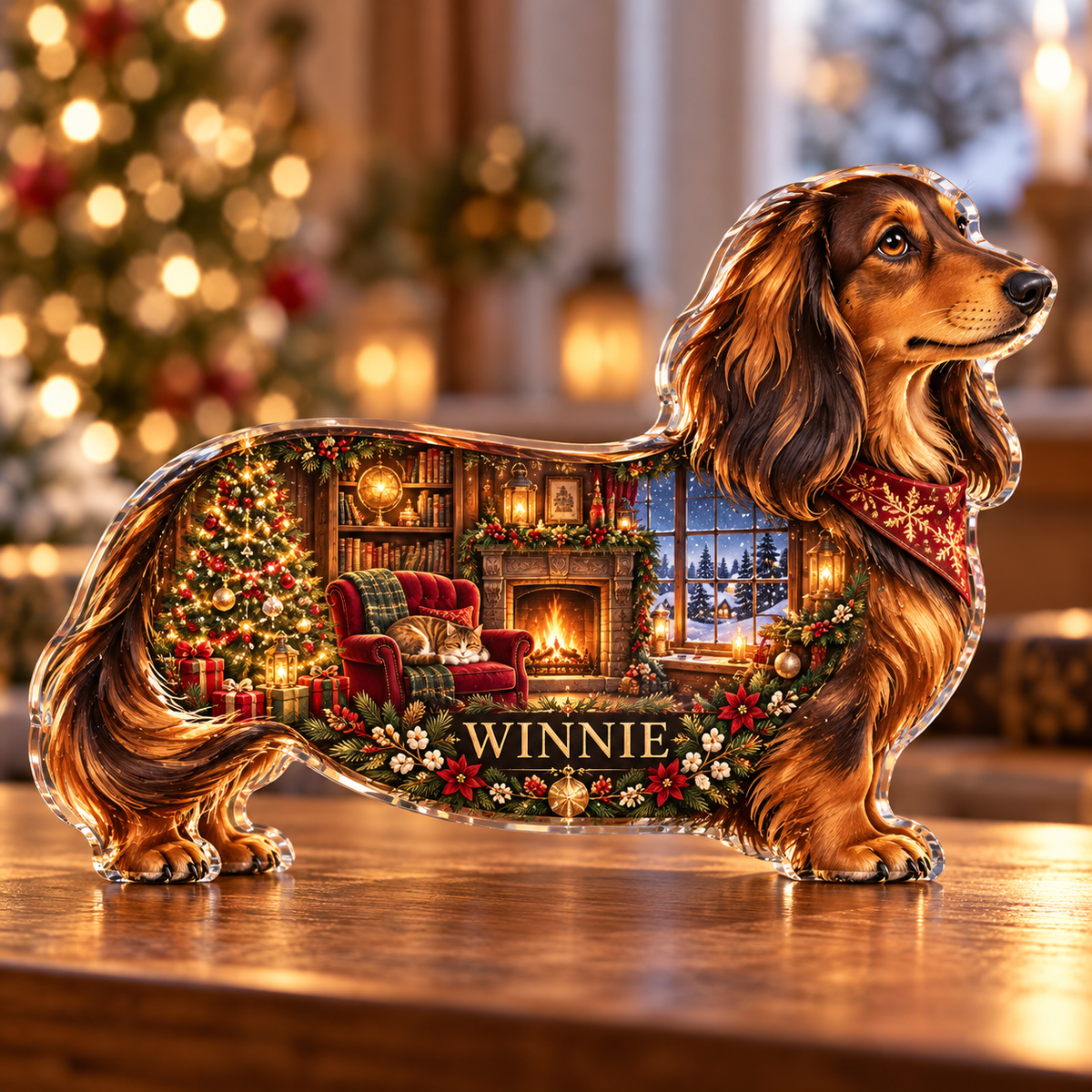 Front-view digital preview of a Christmas dachshund amber booknook acrylic plaque with example name Winnie integrated into the lower intrinsic dachshund botanical detail