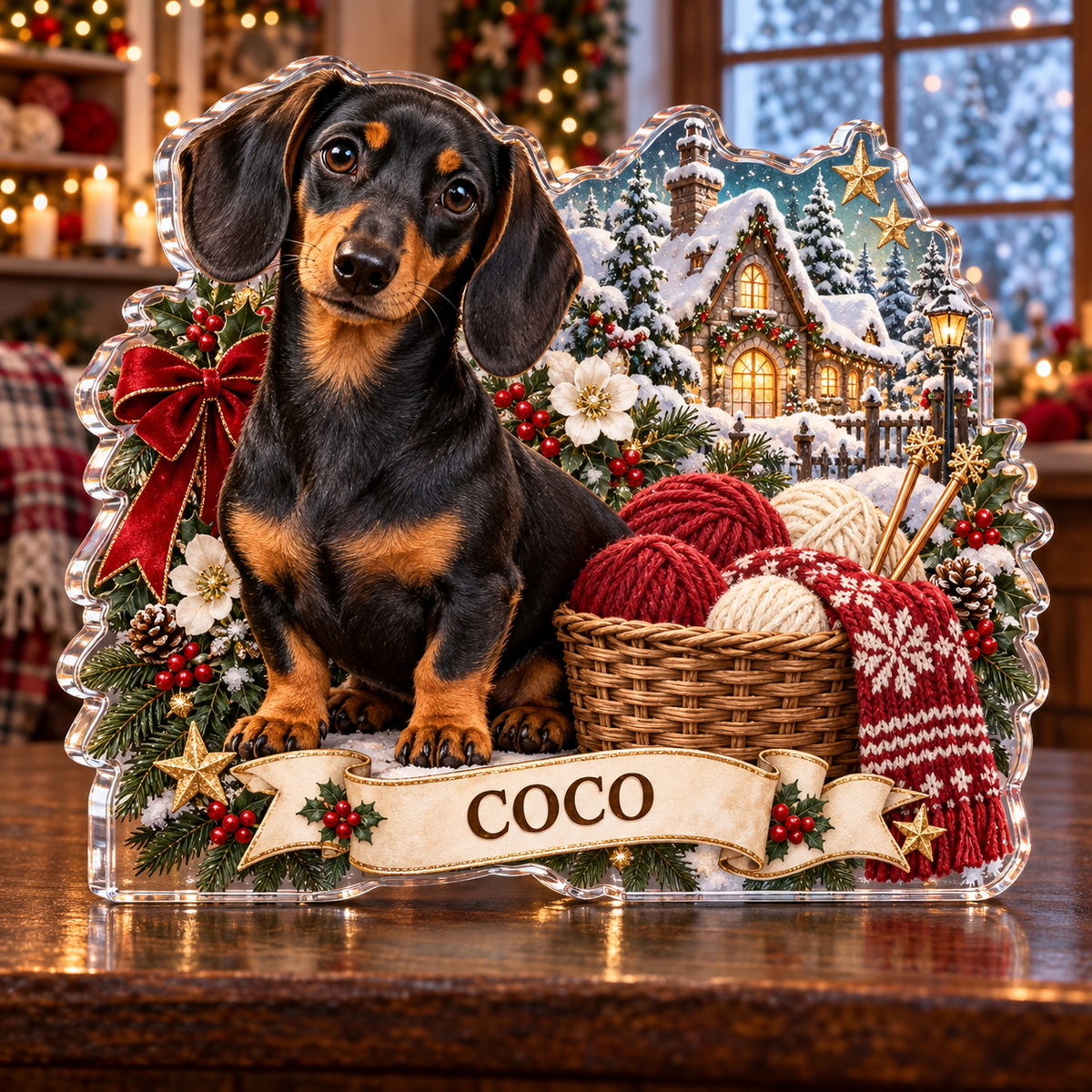 Front-view digital preview of a personalized Christmas dachshund knitting cottage acrylic plaque with example name COCO