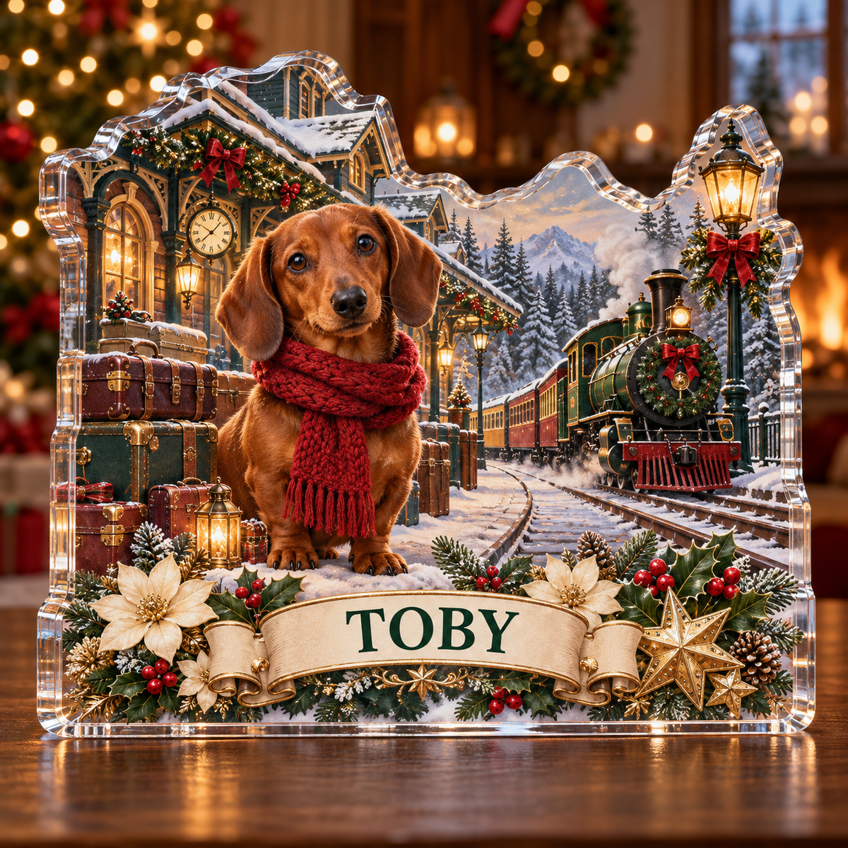 Front-view digital preview of a personalized Christmas dachshund train station acrylic plaque with example name TOBY