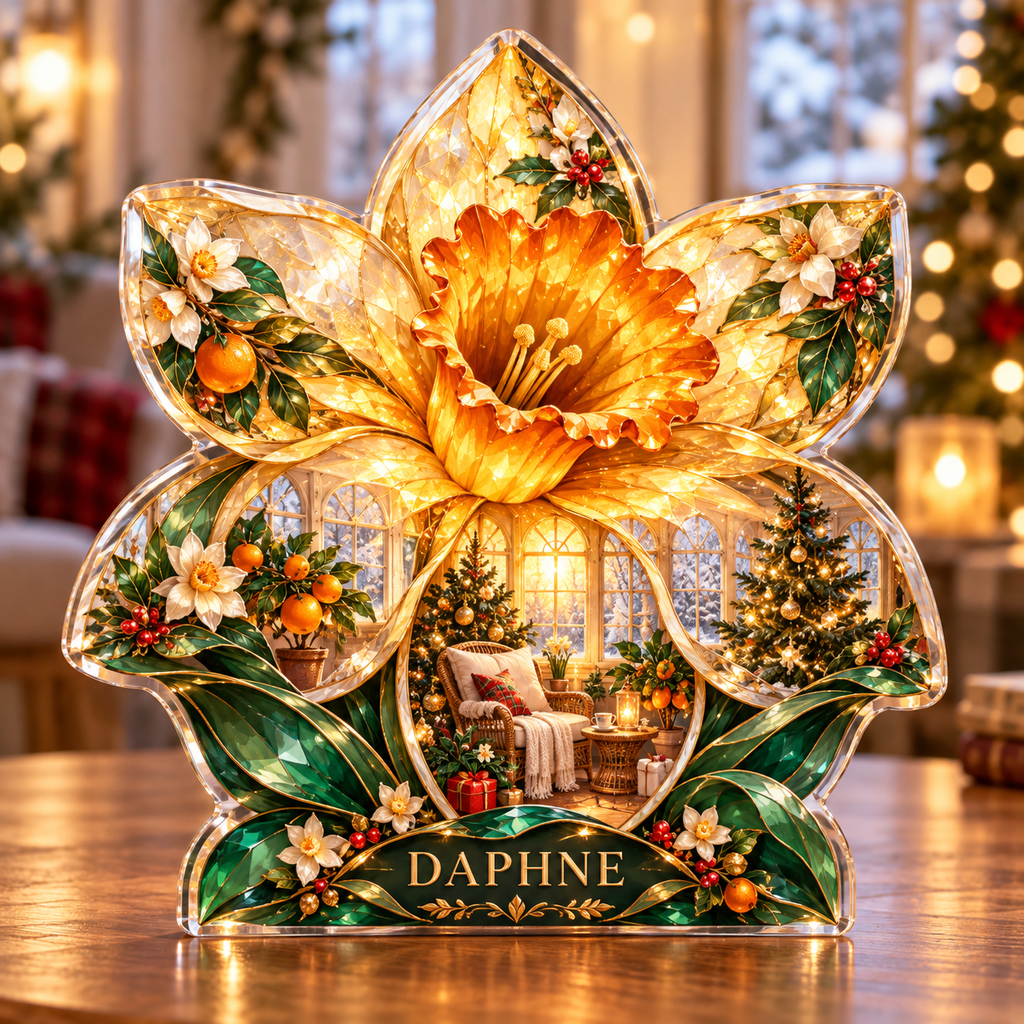 Front-view digital preview of a Christmas daffodil amber sunroom acrylic plaque with example name Daphne integrated into the lower intrinsic daffodil leaf detail