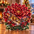 Front-view digital preview of a Christmas dahlia ruby courtyard acrylic plaque with example name Delia integrated into the lower intrinsic dahlia leaf detail