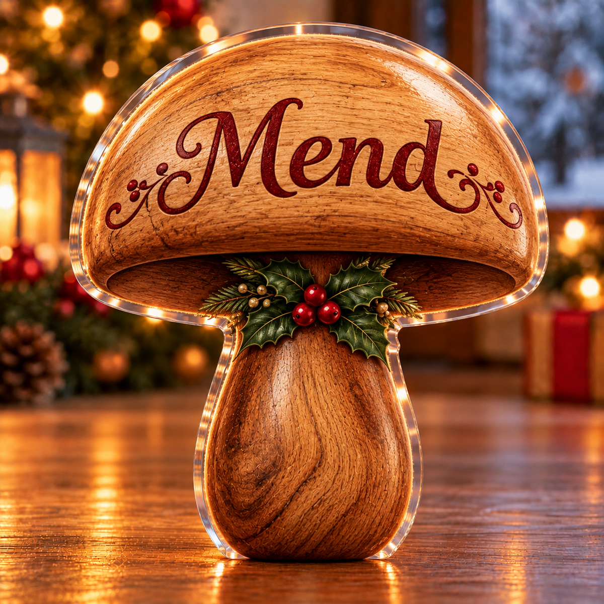 Front-view digital preview of a Christmas darning mend pride acrylic plaque with example name Mend integrated into the the illustrated mushroom cap name detail