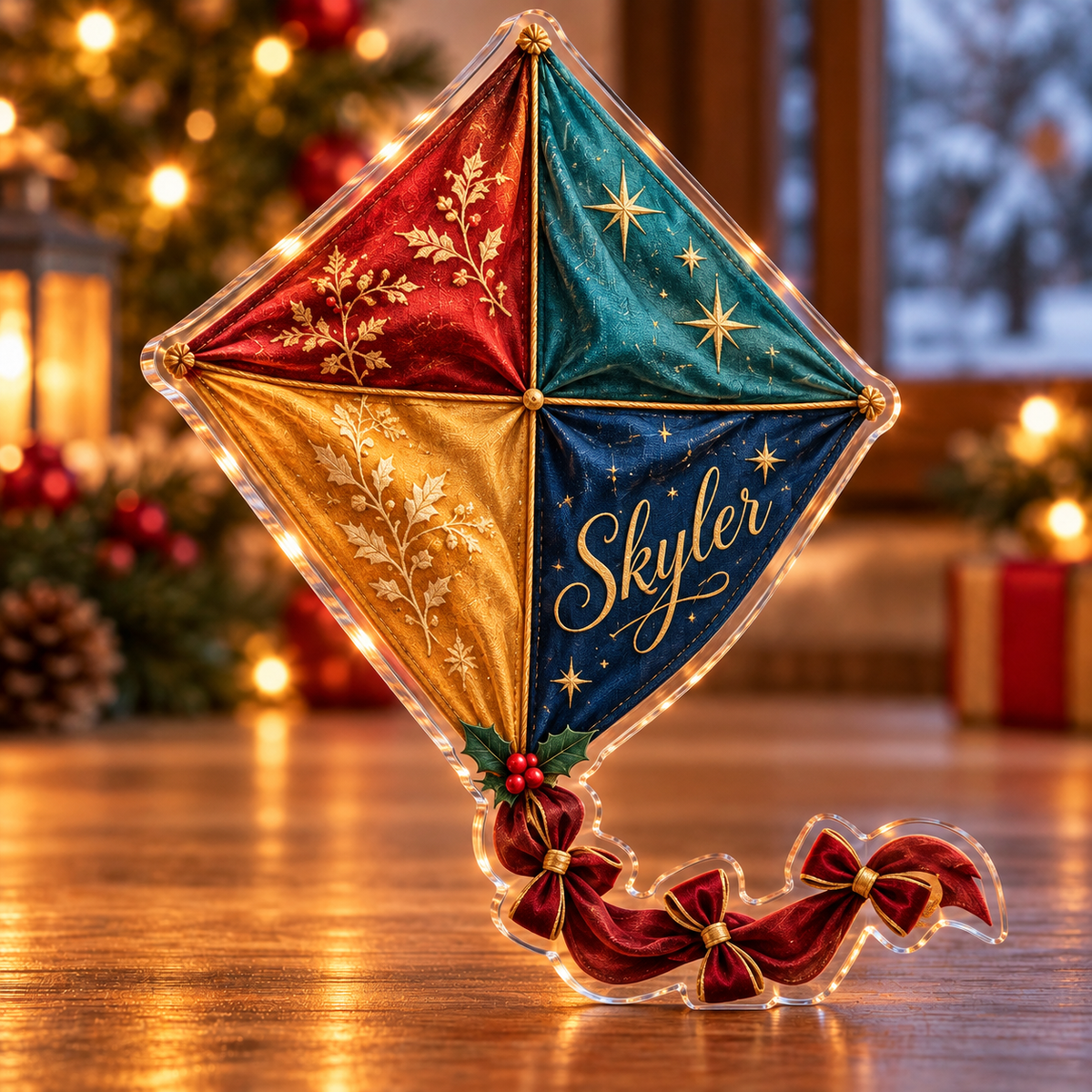 Front-view digital preview of a Christmas diamond kite wish acrylic plaque with example name Skyler integrated into the the lower illustrated kite fabric panel