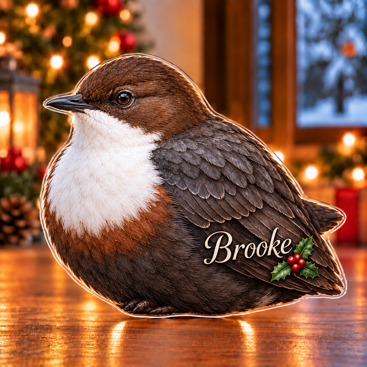Front-view digital preview of a Christmas dipper stream wish acrylic plaque with example name Brooke integrated into the lower folded wing