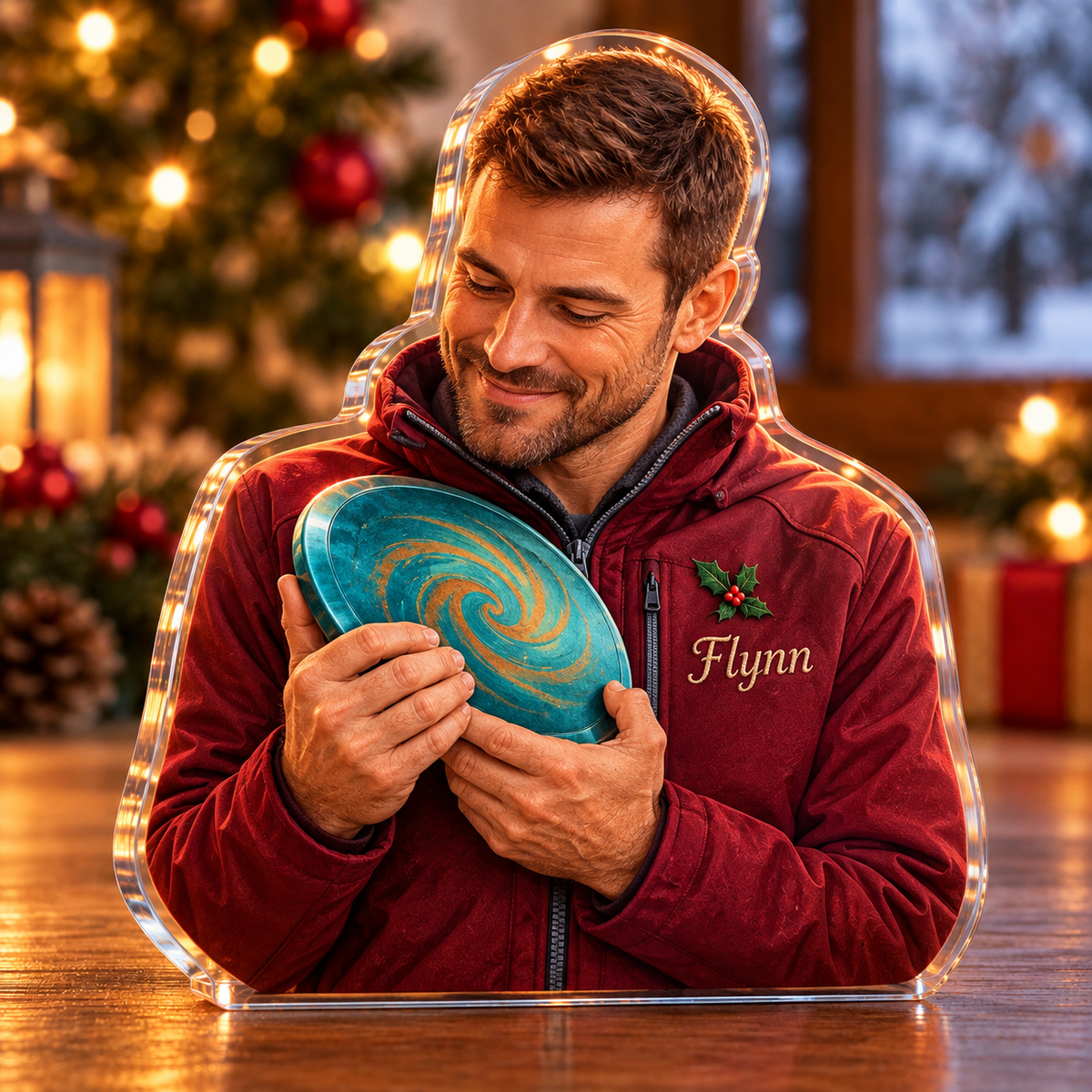 Front-view digital preview of a Christmas disc golfer favorite disc acrylic plaque with example name Flynn integrated into the disc golfer jacket front name embroidery