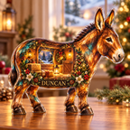 Front-view digital preview of a Christmas donkey amber stable acrylic plaque with example name Duncan integrated into the lower intrinsic donkey botanical detail