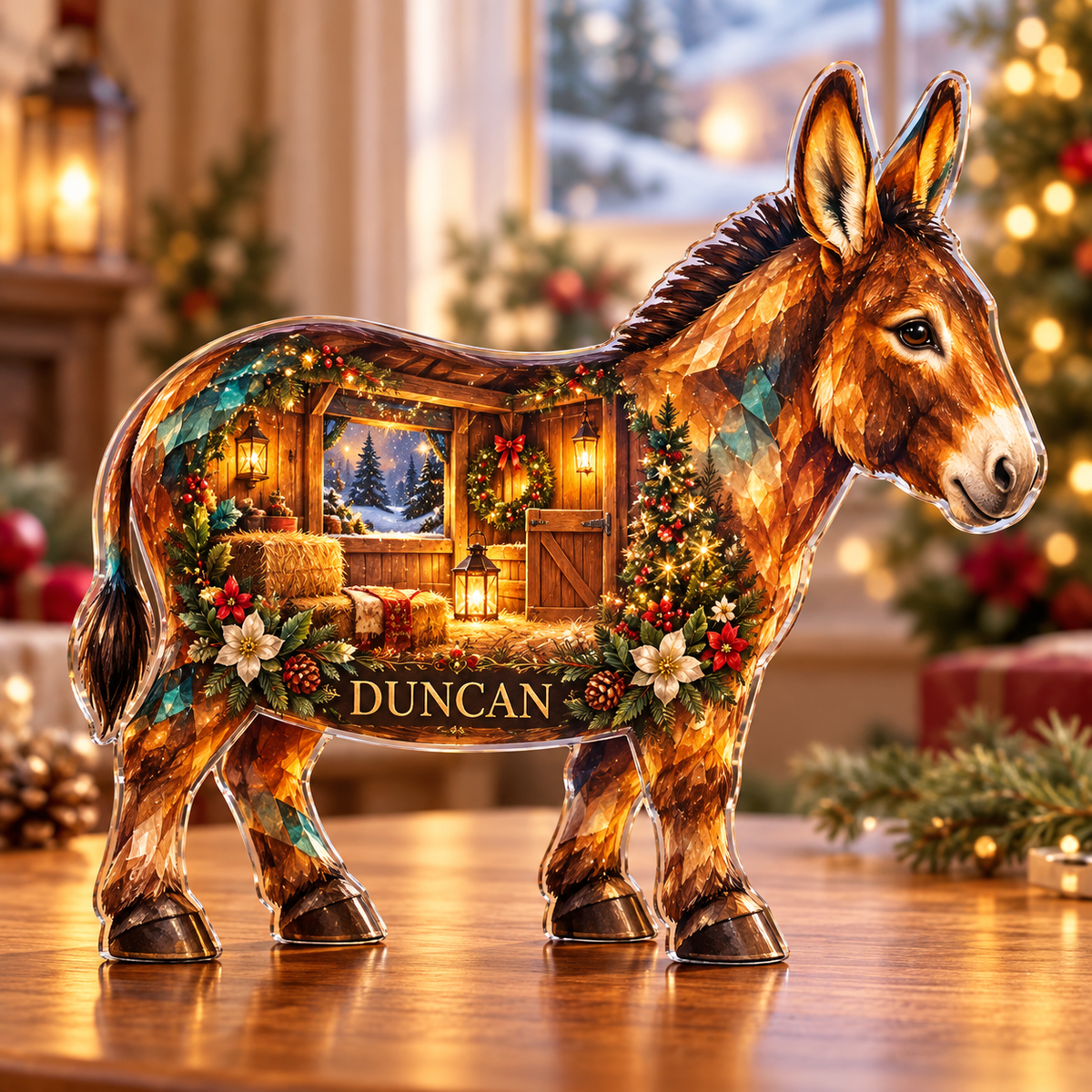 Front-view digital preview of a Christmas donkey amber stable acrylic plaque with example name Duncan integrated into the lower intrinsic donkey botanical detail