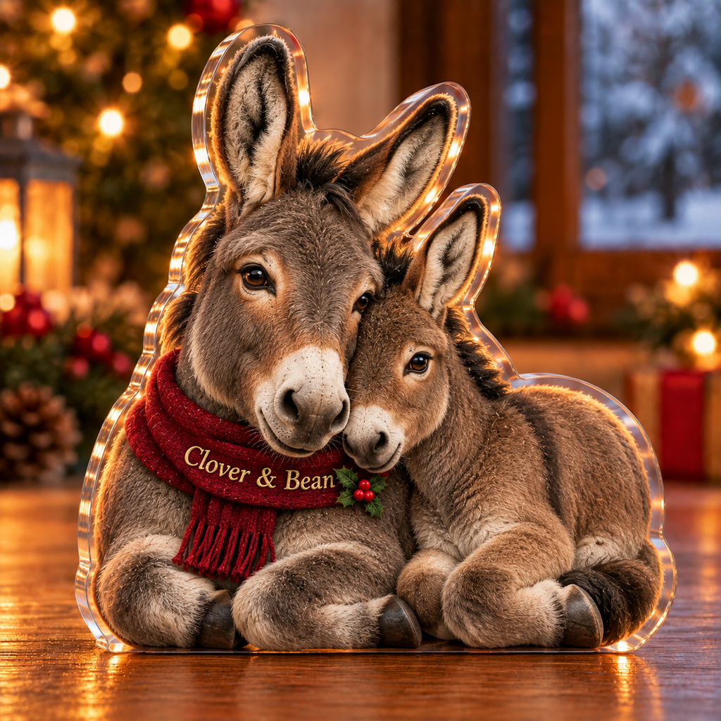 Front-view digital preview of a Christmas donkey family rest acrylic plaque with example name Clover & Bean integrated into the the illustrated front scarf name stitching