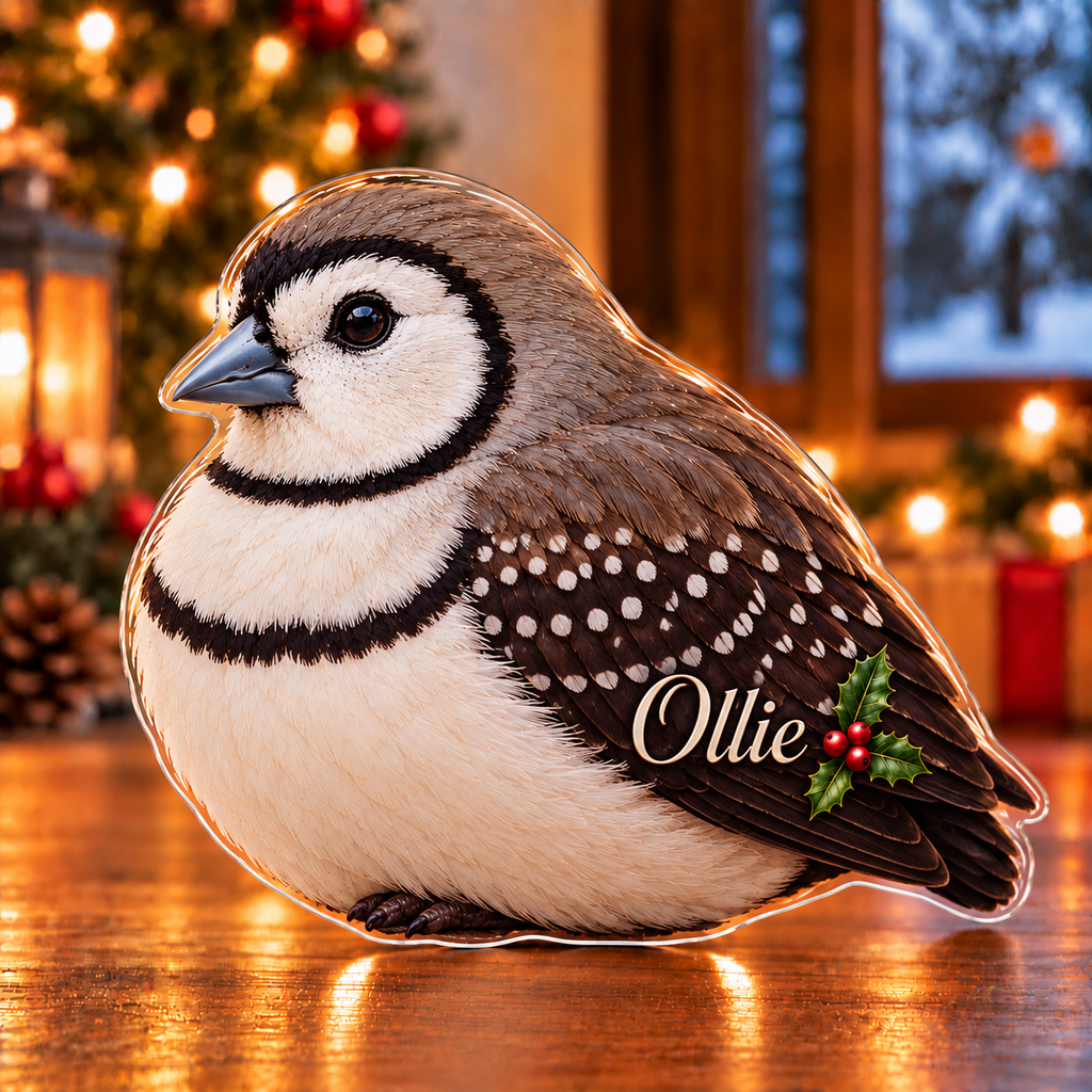Front-view digital preview of a Christmas double barred finch soft gaze acrylic plaque with example name Ollie integrated into the lower folded wing