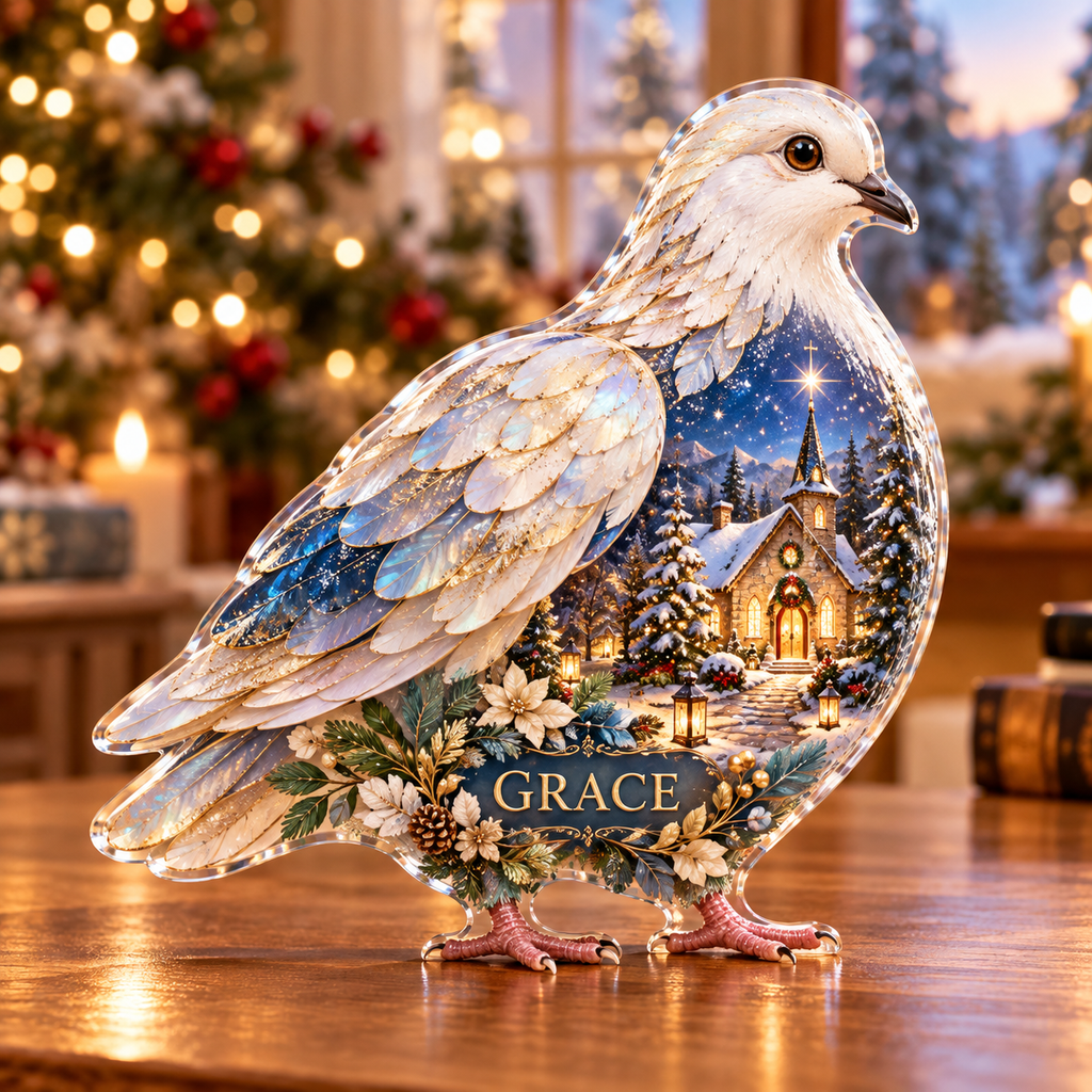 Front-view digital preview of a Christmas dove opal chapel acrylic plaque with example name Grace integrated into the lower intrinsic dove botanical detail