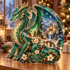 Front-view digital preview of a Christmas dragon emerald citadel acrylic plaque with example name Alden integrated into the lower curled tail floral detail