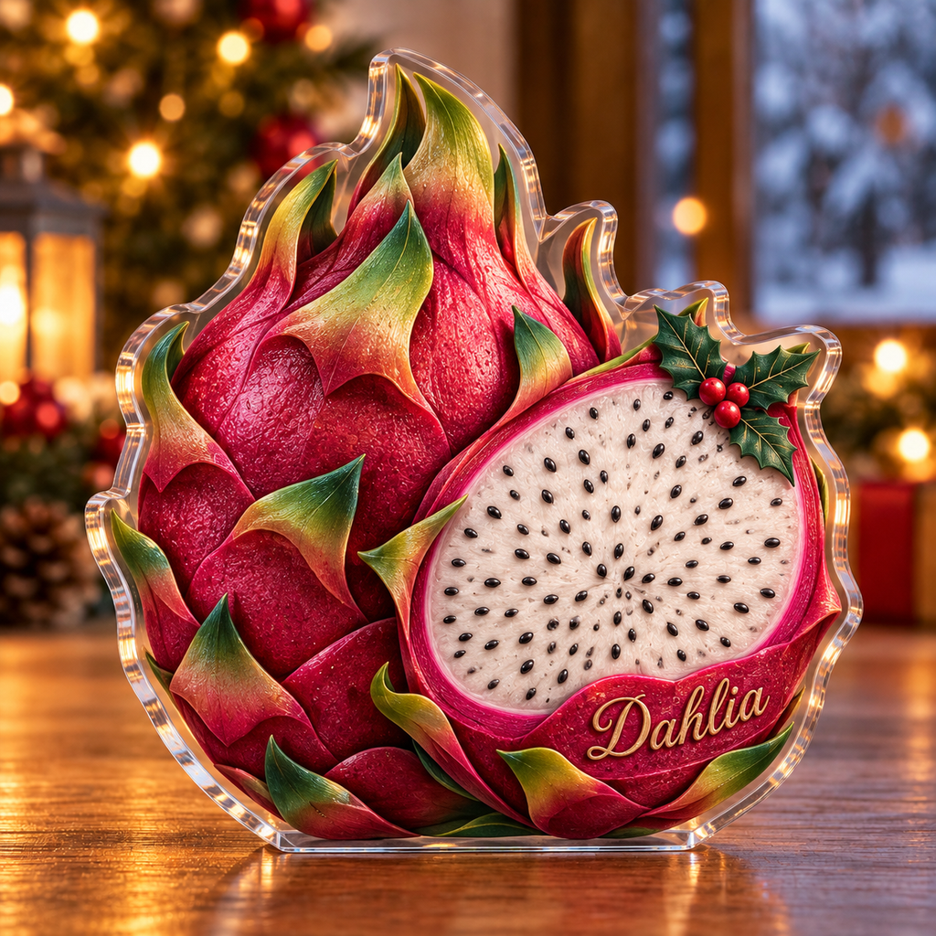 Front-view digital preview of a Christmas dragon fruit bloom acrylic plaque with example name Dahlia integrated into the front dragon fruit rind name cartouche