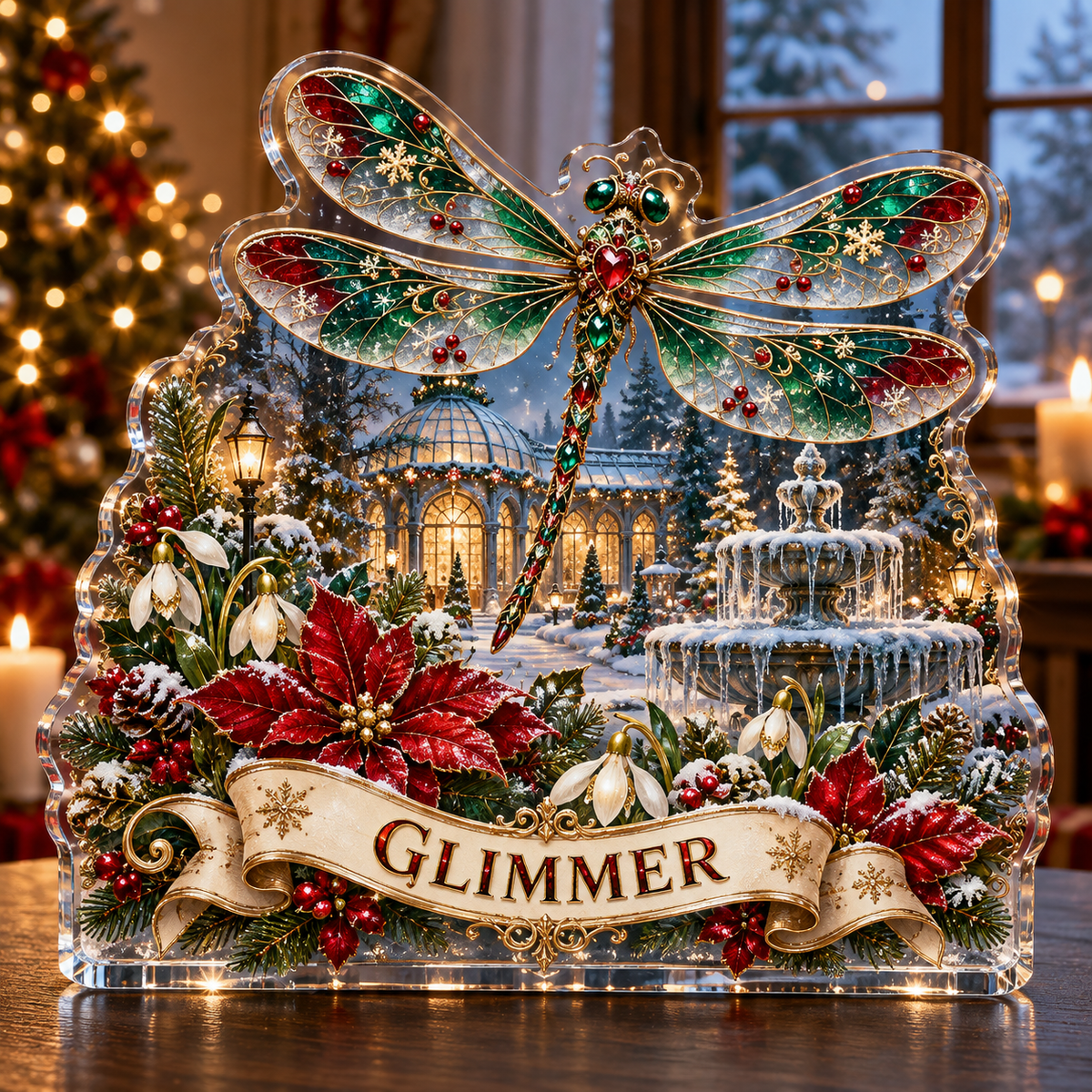 Front-view digital preview of a personalized Christmas dragonfly poinsettia fountain acrylic plaque with example name GLIMMER