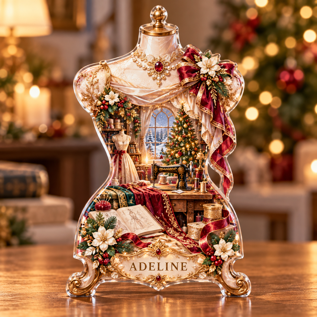 Front-view digital preview of a Christmas dress form opal couture acrylic plaque with example name Adeline integrated into the lower intrinsic dress form floral detail