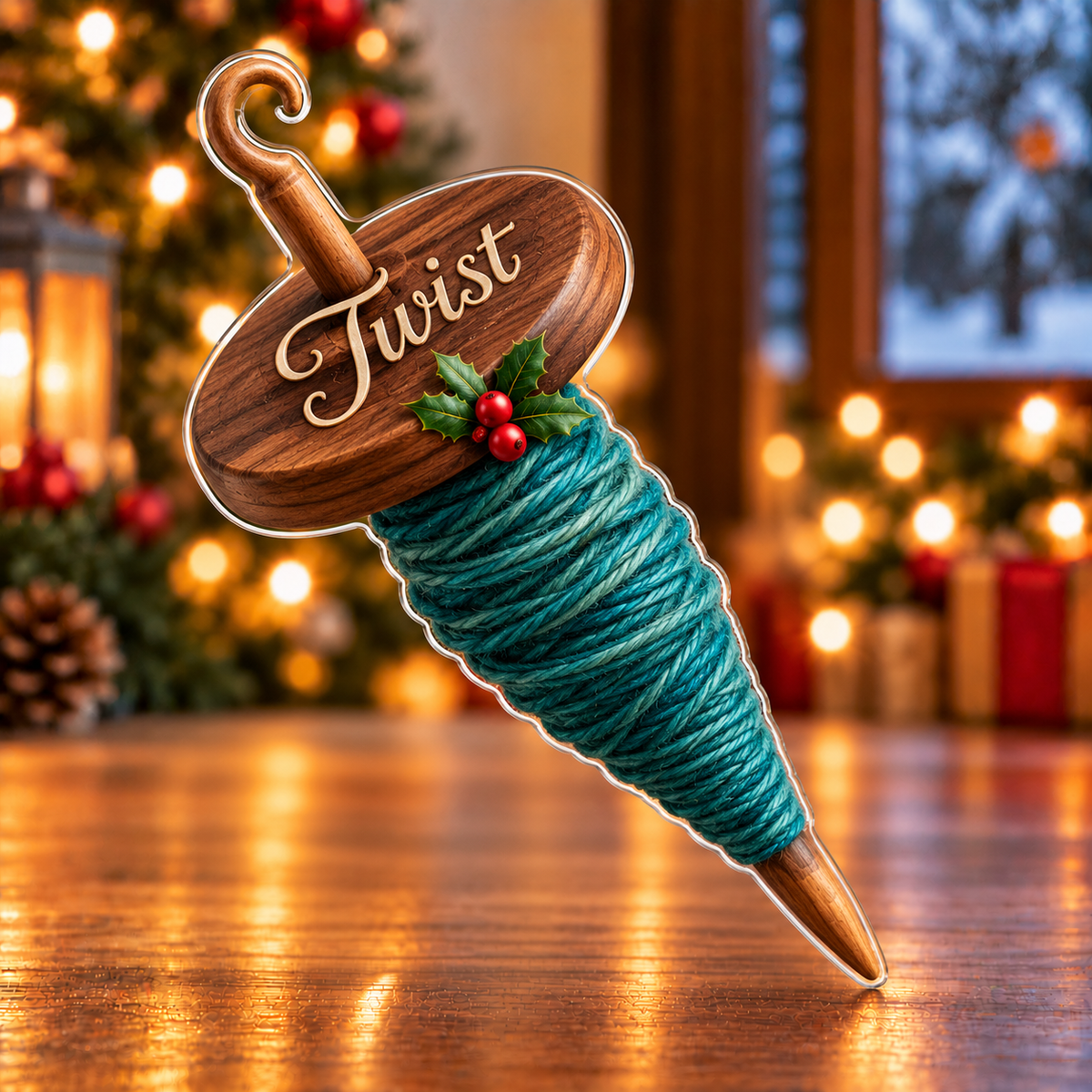 Front-view digital preview of a Christmas drop spindle wool twist acrylic plaque with example name Twist integrated into the wooden whorl face