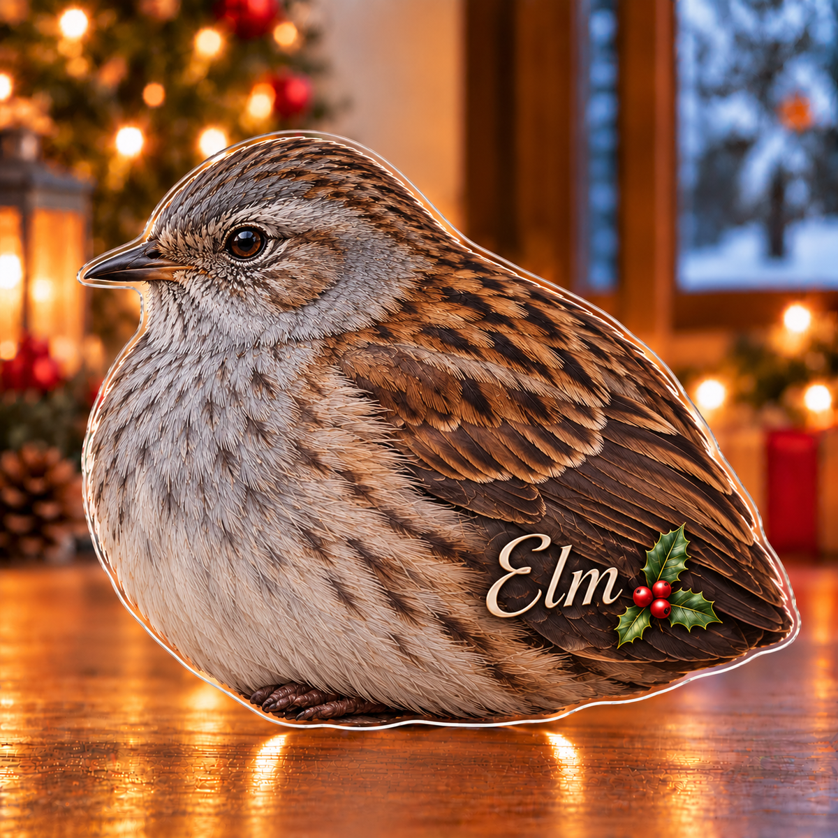 Front-view digital preview of a Christmas dunnock quiet garden acrylic plaque with example name Elm integrated into the lower folded wing