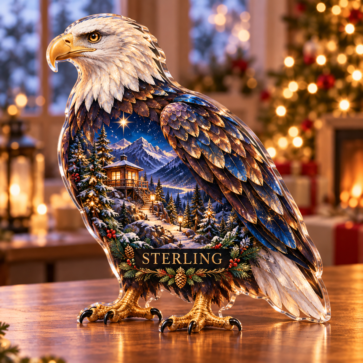 Front-view digital preview of a Christmas eagle sapphire lookout acrylic plaque with example name Sterling integrated into the lower intrinsic eagle botanical detail