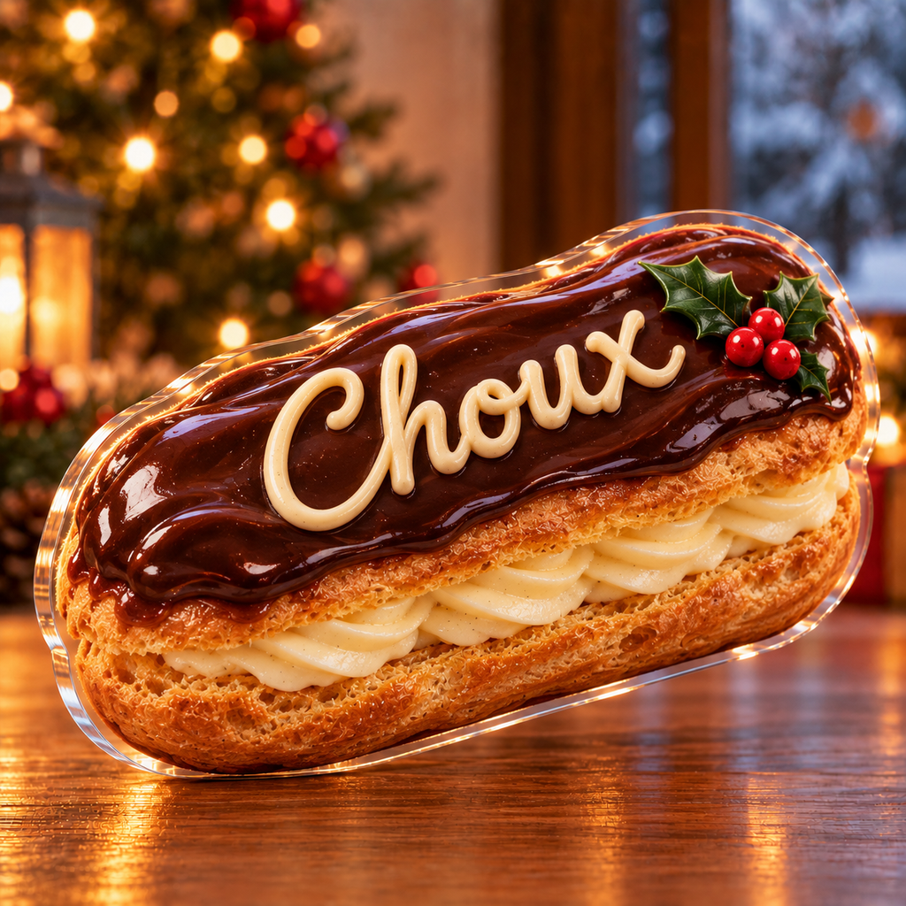 Front-view digital preview of a Christmas eclair chocolate joy acrylic plaque with example name Choux integrated into the the illustrated chocolate icing name lettering