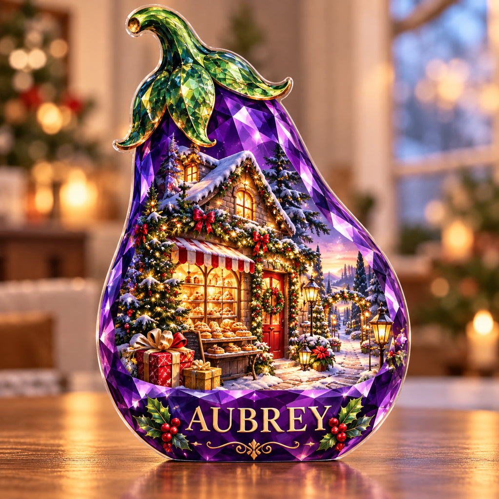 Front-view digital preview of a Christmas amethyst eggplant acrylic plaque with example name AUBREY integrated into the lowest intrinsic eggplant facets