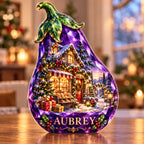 Front-view digital preview of a Christmas amethyst eggplant acrylic plaque with example name AUBREY integrated into the lowest intrinsic eggplant facets