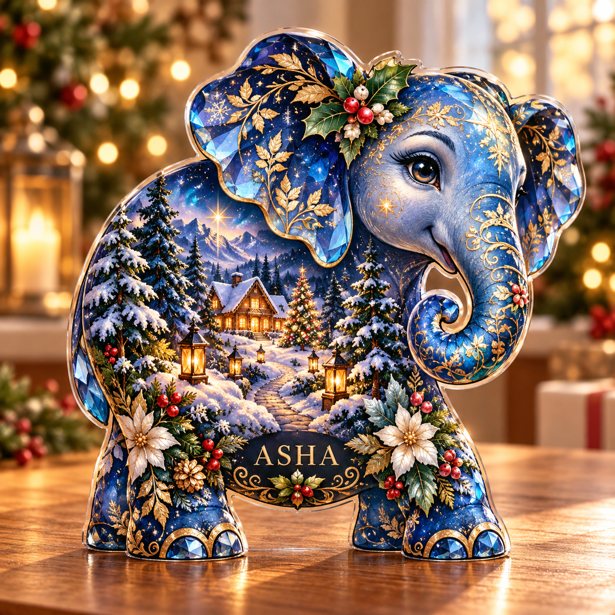 Front-view digital preview of a Christmas elephant sapphire sanctuary acrylic plaque with example name Asha integrated into the lower intrinsic elephant floral detail