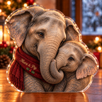 Front-view digital preview of a Christmas elephant family bond acrylic plaque with example name Mara & Pip integrated into the the illustrated front scarf name stitching