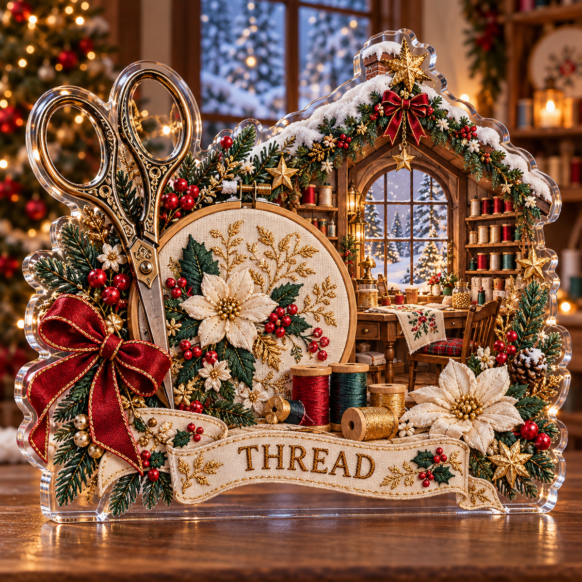 Front-view digital preview of a personalized Christmas embroidery atelier acrylic plaque with example name THREAD