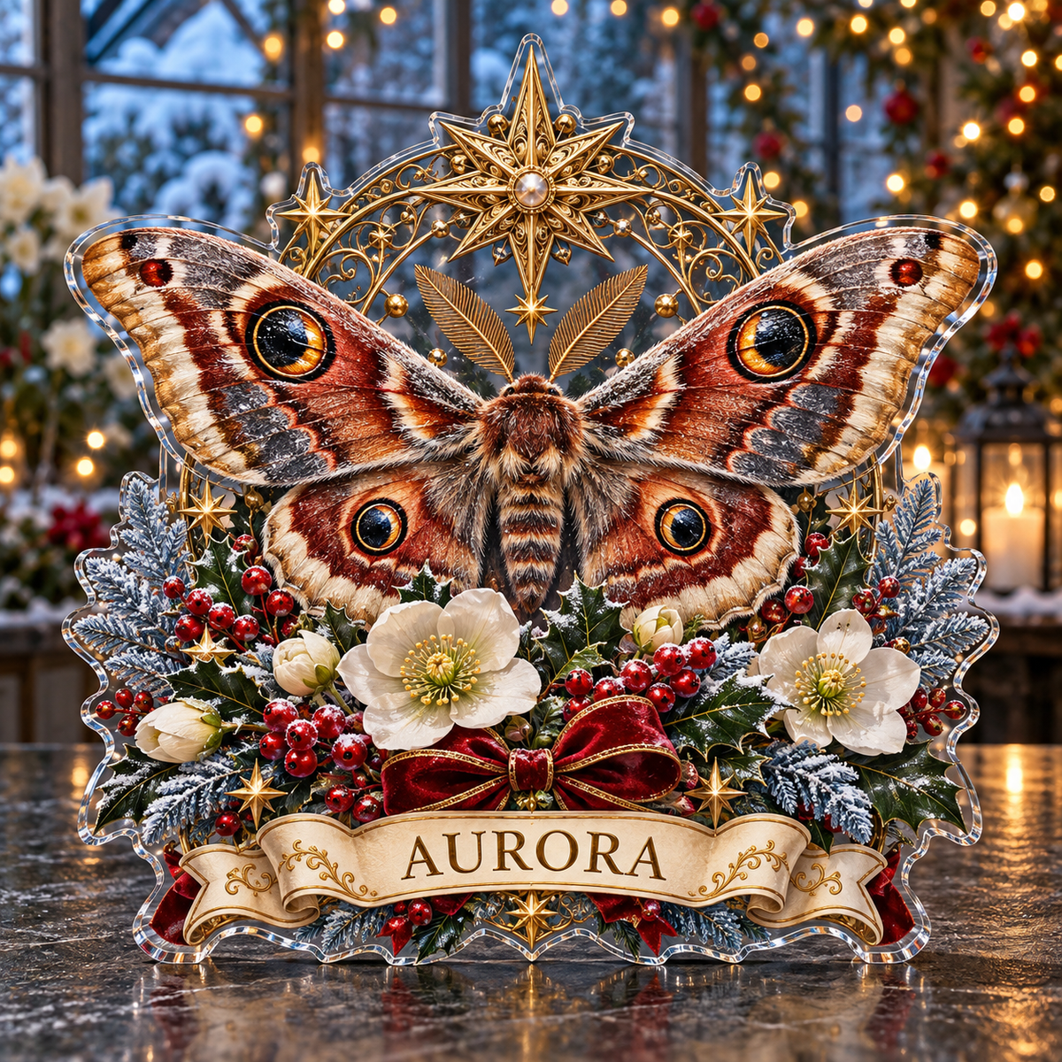 Front-view digital preview of a personalized Christmas emperor moth, snow rose and golden star arch acrylic plaque with example name AURORA