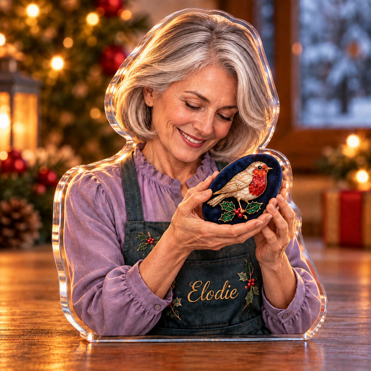 Front-view digital preview of a Christmas enamel artist robin jewel acrylic plaque with example name Elodie integrated into the enamel artist apron front name embroidery
