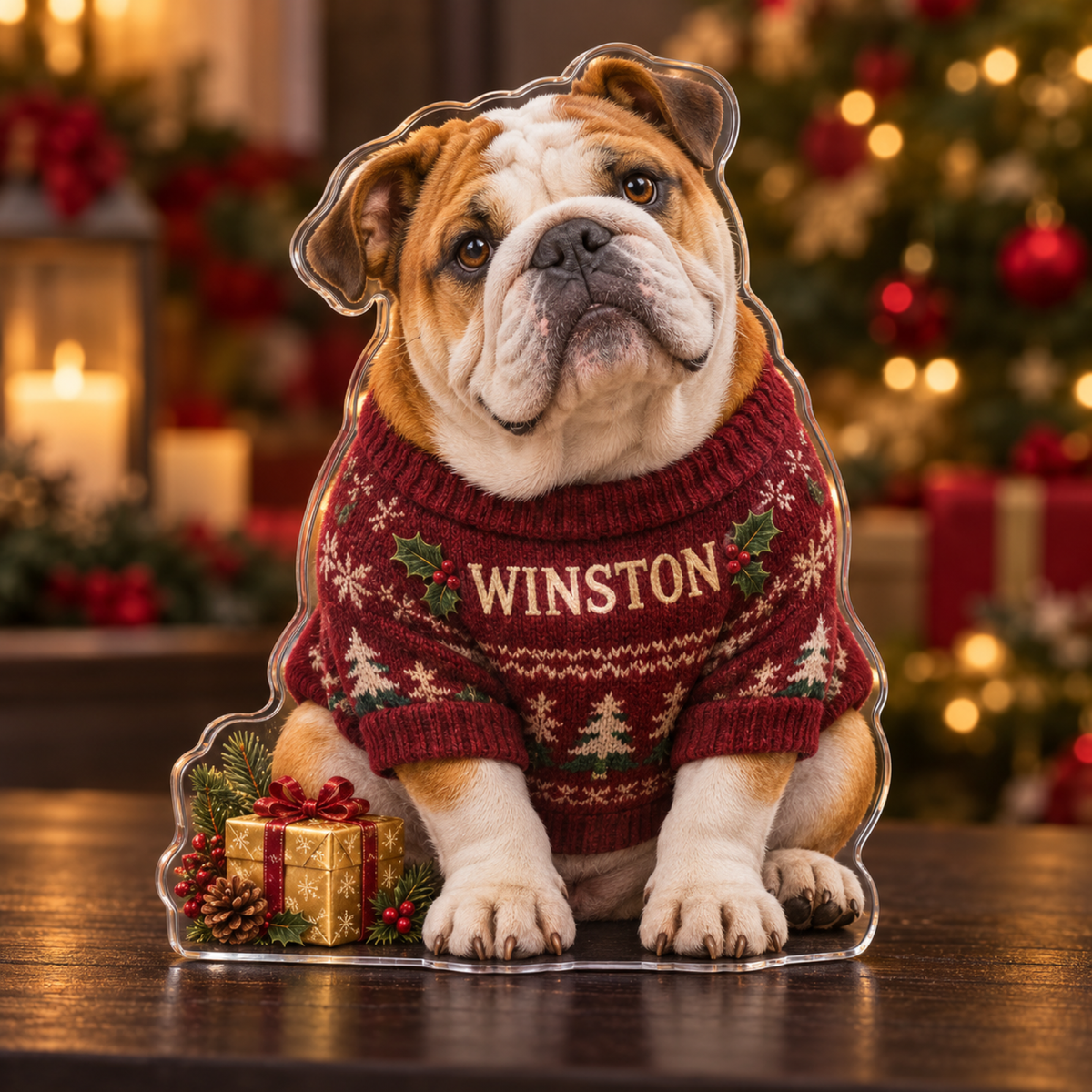 Front-view digital preview of a Christmas english bulldog sweater acrylic plaque with WINSTON integrated into the illustrated sweater chest
