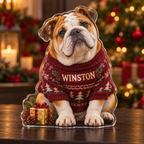 Front-view digital preview of a Christmas english bulldog sweater acrylic plaque with WINSTON integrated into the illustrated sweater chest