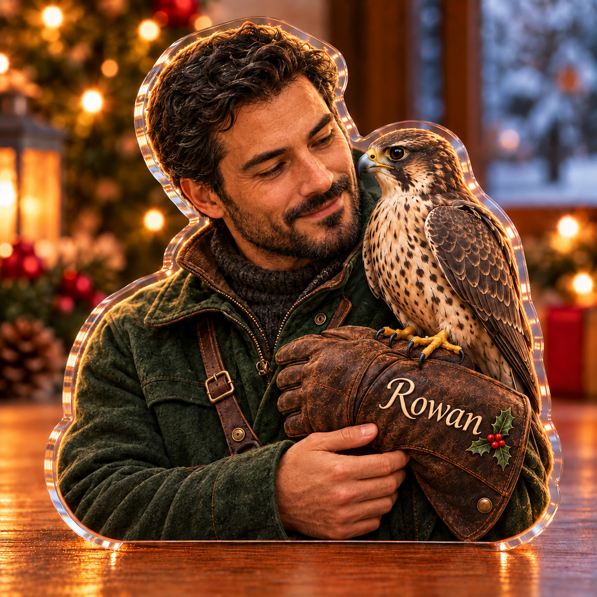 Front-view digital preview of a Christmas falconer quiet trust acrylic plaque with example name Rowan integrated into the the illustrated glove cuff name stitching