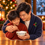 Front-view digital preview of a Christmas father child chopstick lesson acrylic plaque with example name Dad & Jun integrated into the bowl side