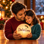 Front-view digital preview of a Christmas lantern family wish acrylic plaque with example name Dad & Luna integrated into the the illustrated front lantern name panel