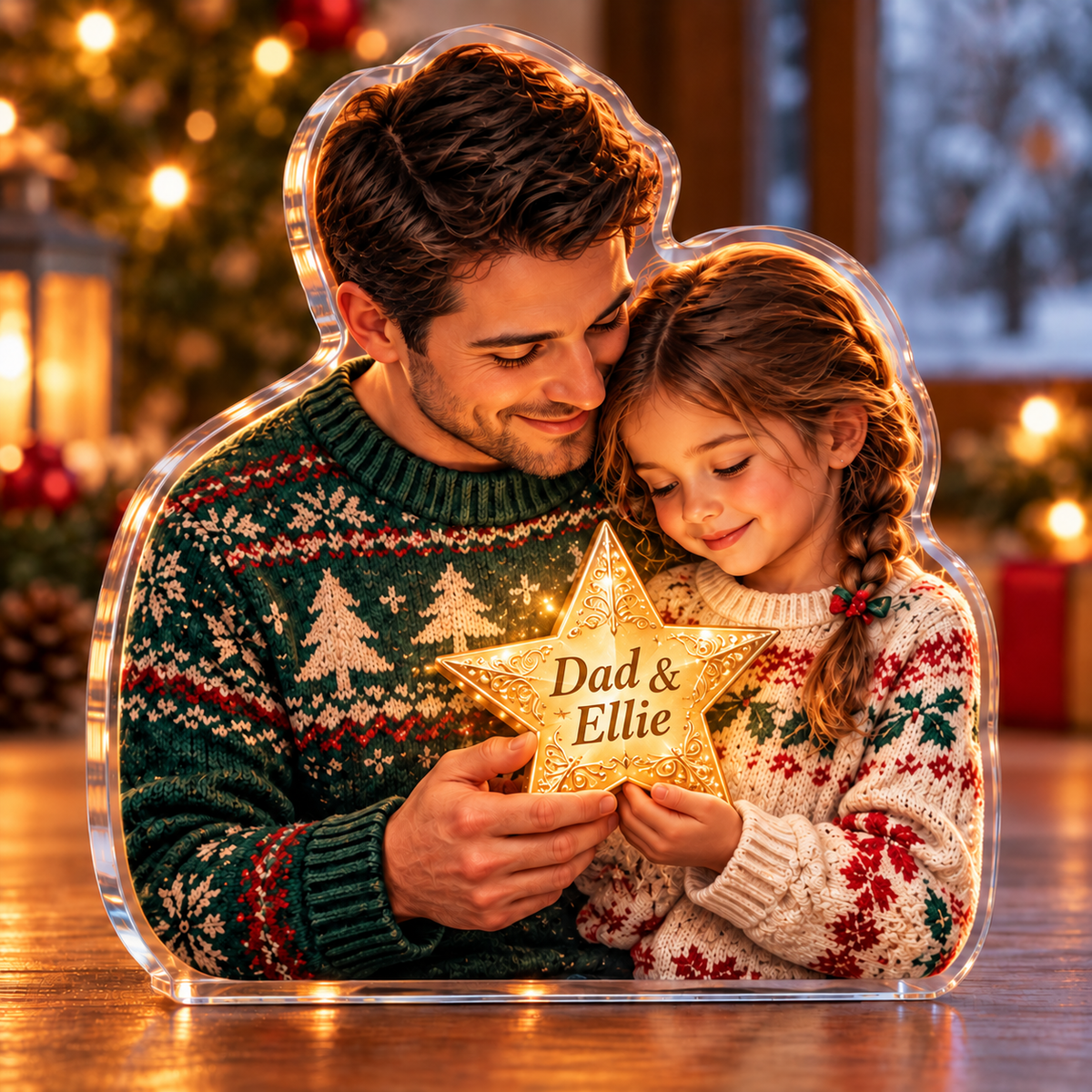 Front-view digital preview of a Christmas father daughter star acrylic plaque with example name Dad & Ellie integrated into the illustrated star front name panel