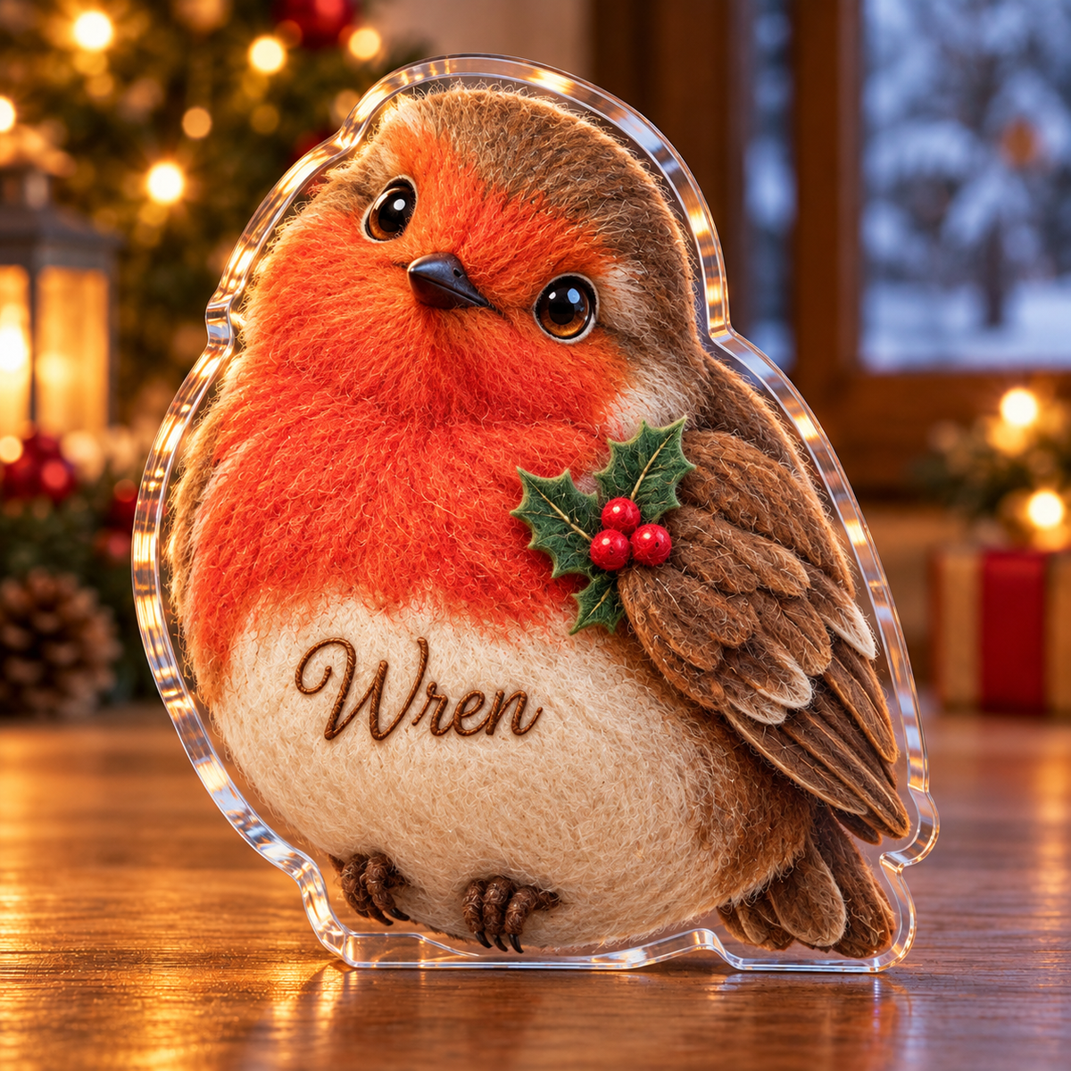 Front-view digital preview of a Christmas felted robin wool acrylic plaque with example name Wren integrated into the robin lower chest name patch