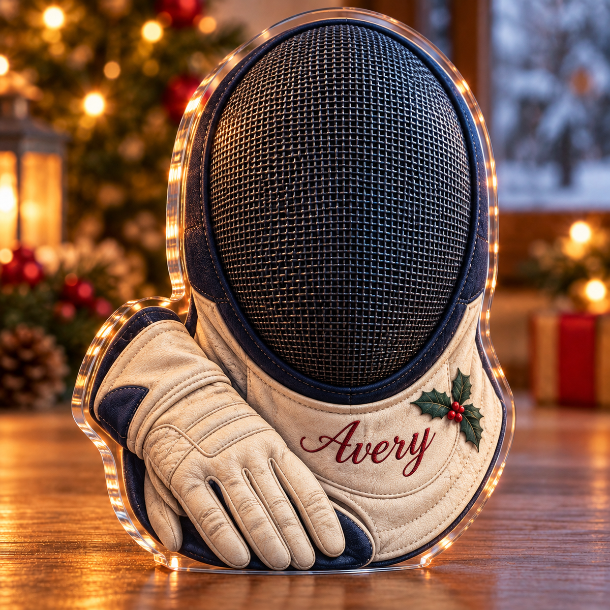 Front-view digital preview of a Christmas fencing quiet courage acrylic plaque with example name Avery integrated into the the illustrated lower mask bib name stitching