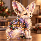 Front-view digital preview of a Christmas fennec opal lanterncottage acrylic plaque with example name FAYE integrated into the lower fur facets