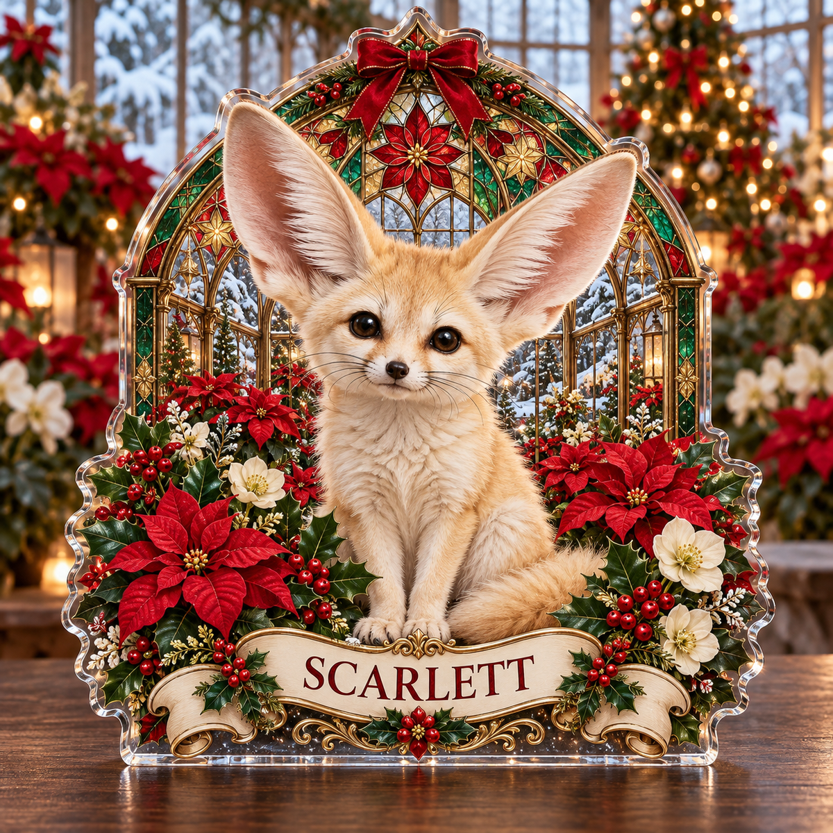 Front-view digital preview of a personalized Christmas fennec fox poinsettia greenhouse acrylic plaque with example name SCARLETT