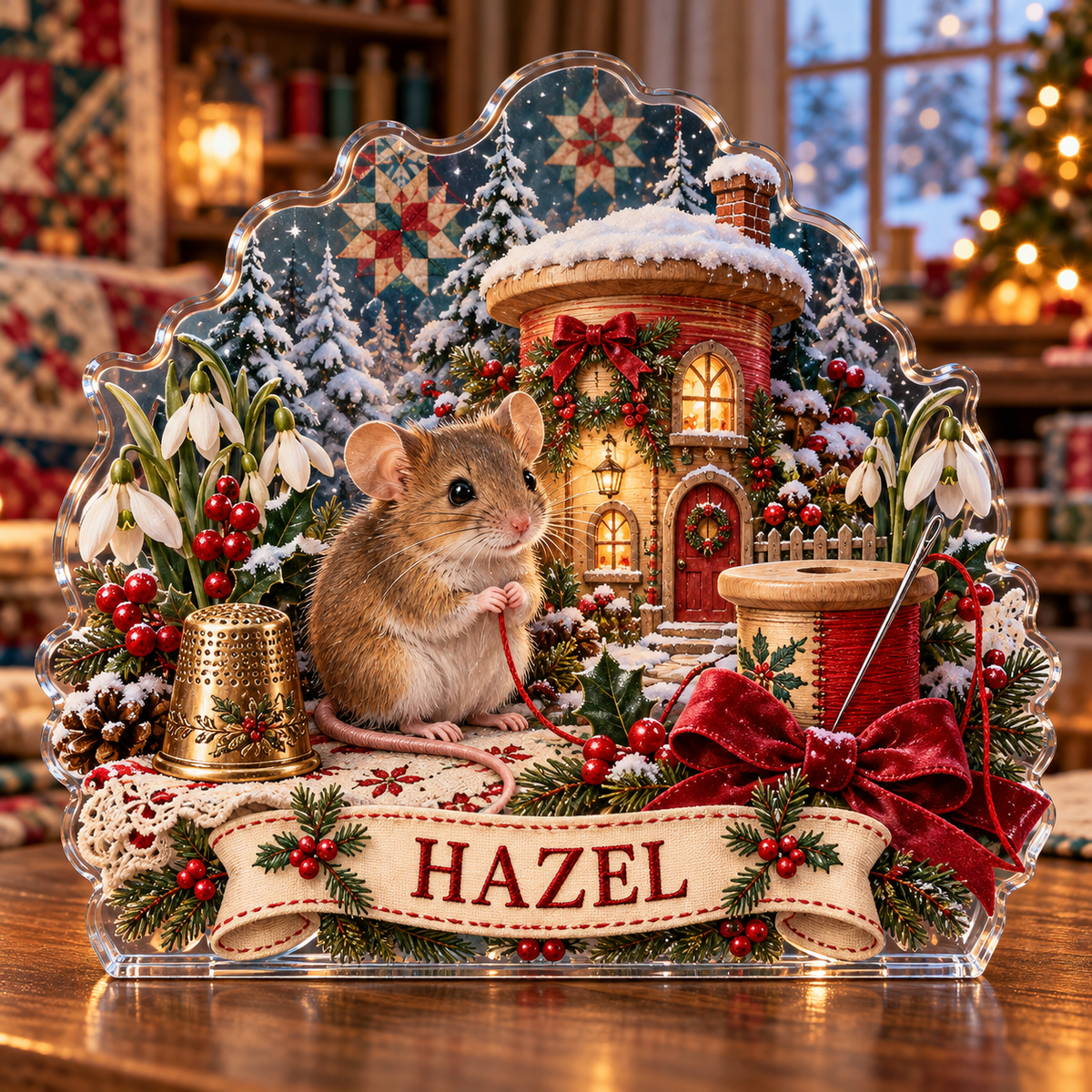 Front-view digital preview of a personalized Christmas field mouse sewing cottage acrylic plaque with example name HAZEL