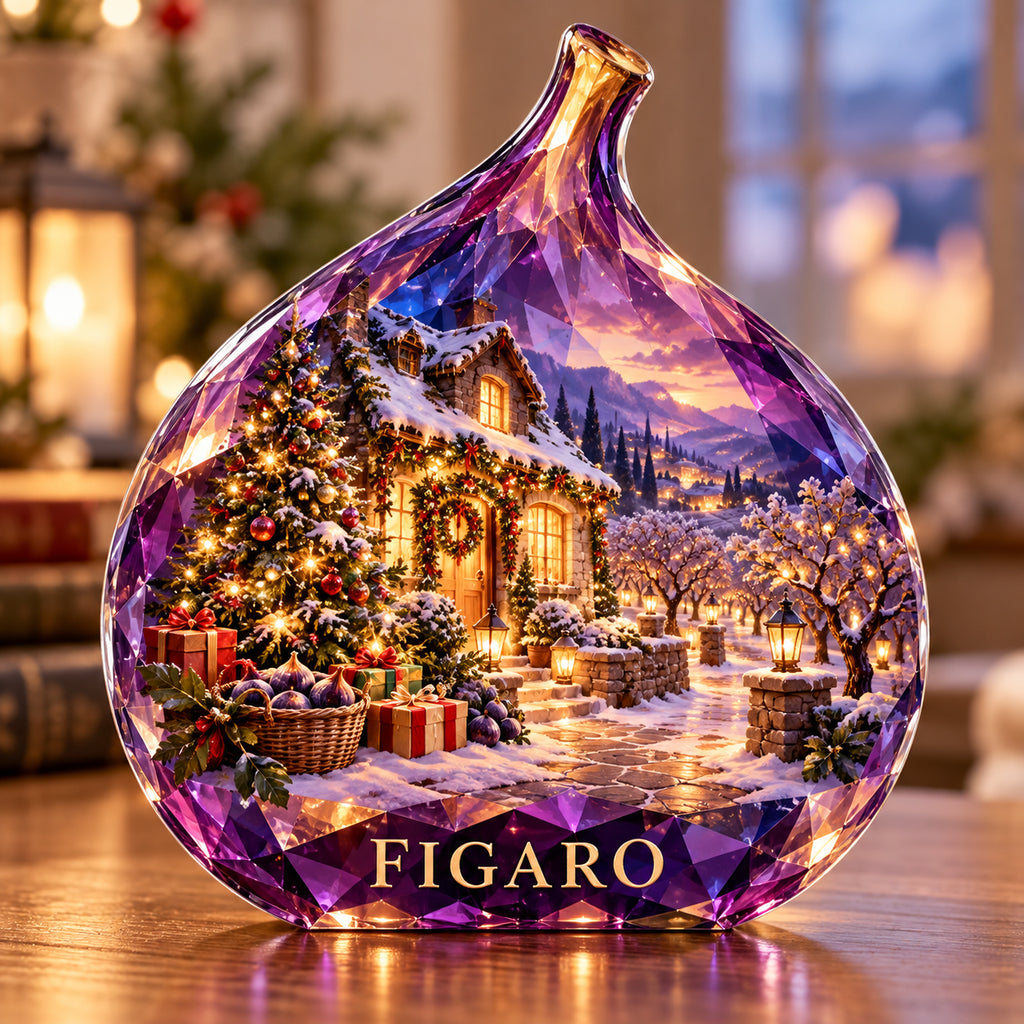 Front-view digital preview of a Christmas amethyst fig acrylic plaque with example name FIGARO integrated into the lowest fruit body facets
