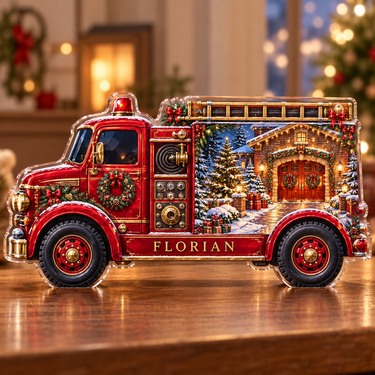 Front-view digital preview of a Christmas ruby fire engine acrylic plaque with example name FLORIAN integrated into the lowest vehicle body sill