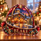 Front-view digital preview of a Christmas fire helmet ruby station acrylic plaque with example name Blake integrated into the lower intrinsic helmet brim detail