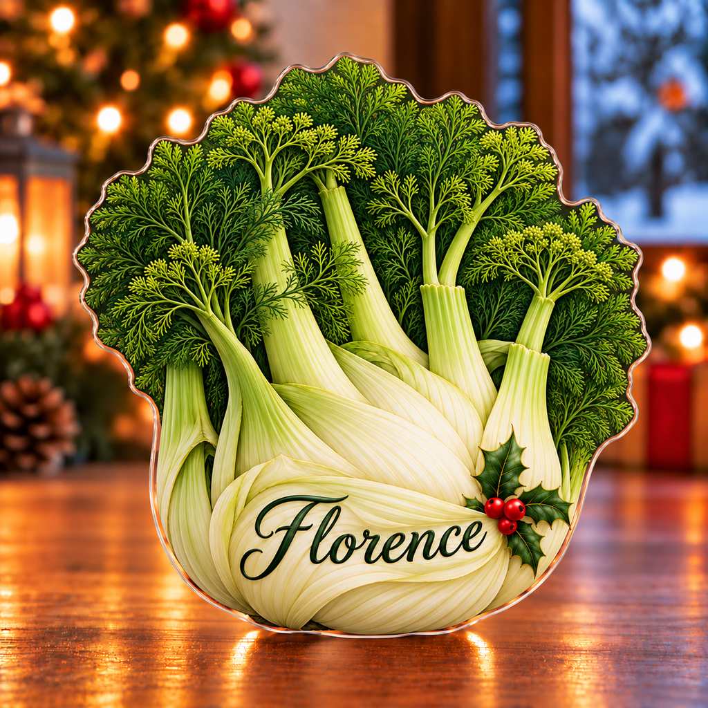 Front-view digital preview of a Christmas fennel garden grace acrylic plaque with example name Florence integrated into the broad lower fennel sheath