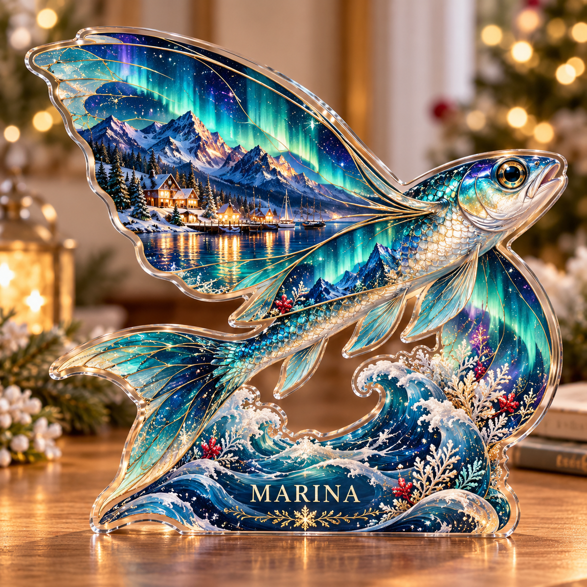 Front-view digital preview of a Christmas flying fish aurora cove acrylic plaque with example name Marina integrated into the lower wave detail